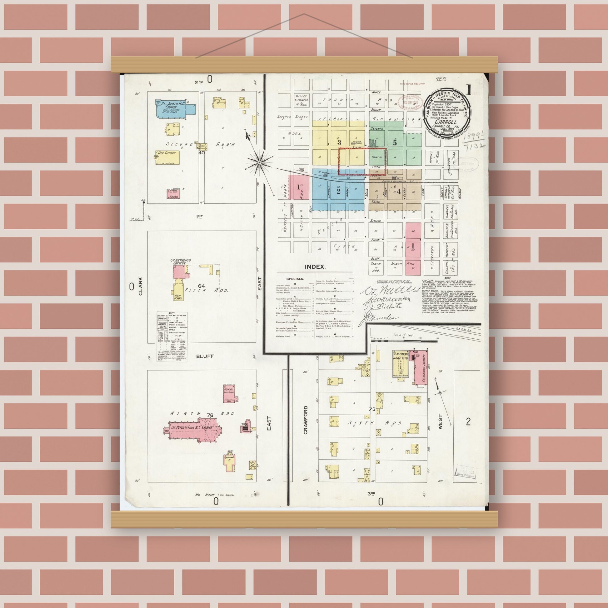 Old map wall art mockup — magnetic wood frame on brick wall — Sanborn Fire Insurance Map from Carroll, Carroll County, Iowa (1898) â€” Complete Set