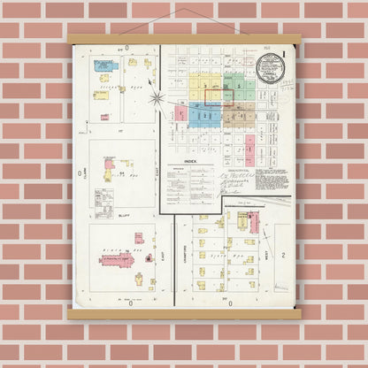 Old map wall art mockup — magnetic wood frame on brick wall — Sanborn Fire Insurance Map from Carroll, Carroll County, Iowa (1898) â€” Complete Set