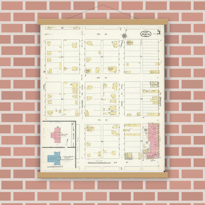 Old map wall art mockup — magnetic wood frame on brick wall — Sanborn Fire Insurance Map from Hamlin, Jones County, Texas (1913), Sheet #0003