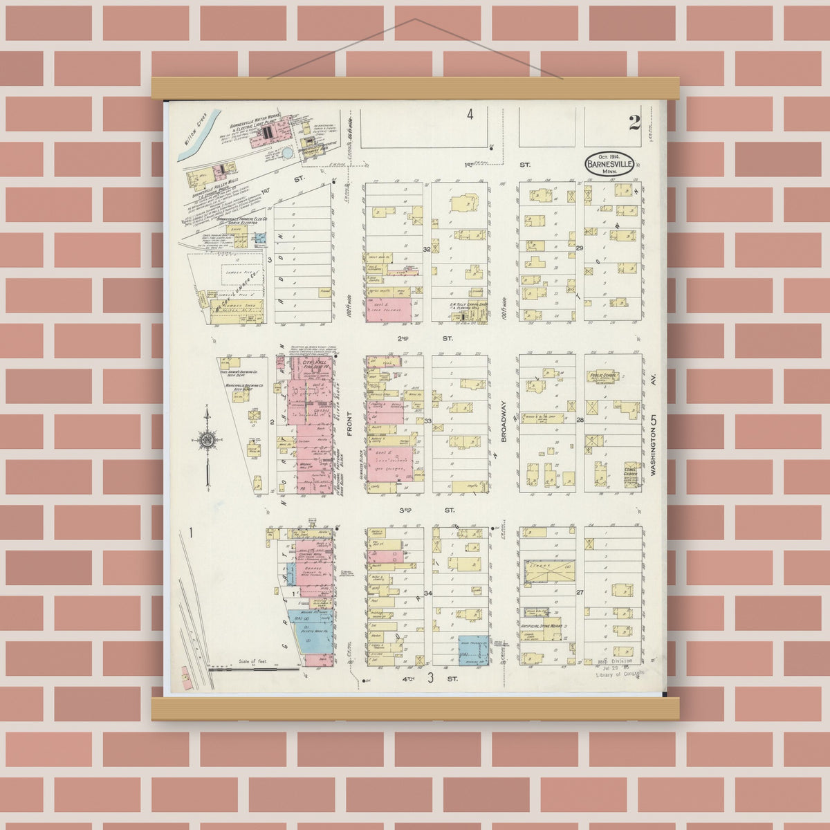 Old map wall art mockup — magnetic wood frame on brick wall — Sanborn Fire Insurance Map from Barnesville, Clay County, Minnesota (1914), Sheet #0002