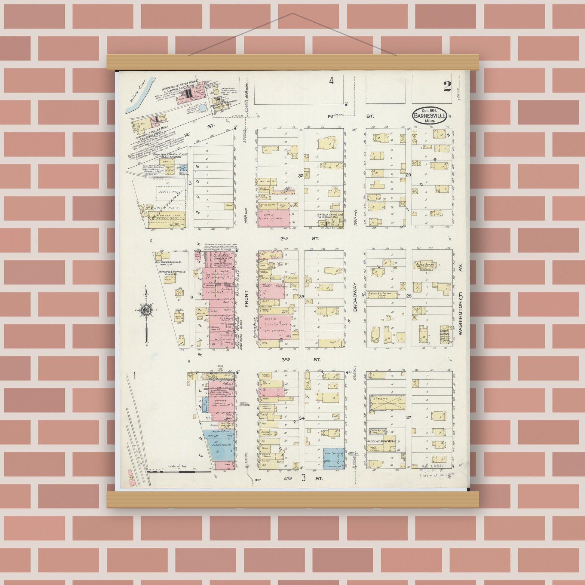 Old map wall art mockup — magnetic wood frame on brick wall — Sanborn Fire Insurance Map from Barnesville, Clay County, Minnesota (1914), Sheet #0002