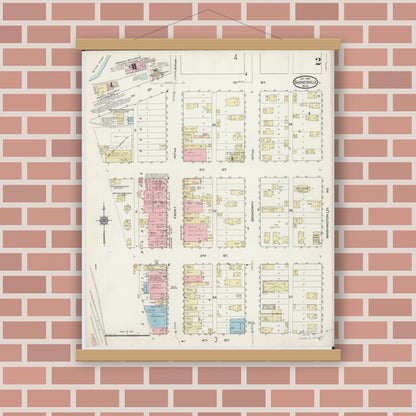 Old map wall art mockup — magnetic wood frame on brick wall — Sanborn Fire Insurance Map from Barnesville, Clay County, Minnesota (1914), Sheet #0002
