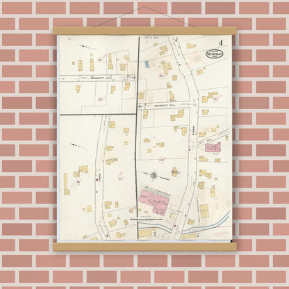 Old map wall art mockup — magnetic wood frame on brick wall — Sanborn Fire Insurance Map from Merrimac, Essex County, Massachusetts (1934), Sheet #0004