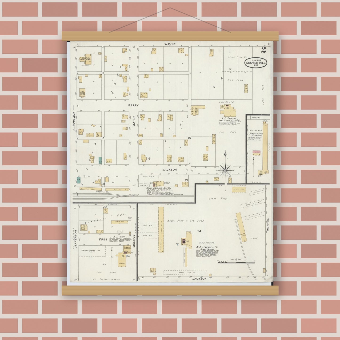 Old map wall art mockup — magnetic wood frame on brick wall — Sanborn Fire Insurance Map from Grover Hill, Paulding County, Ohio (1899), Sheet #0002