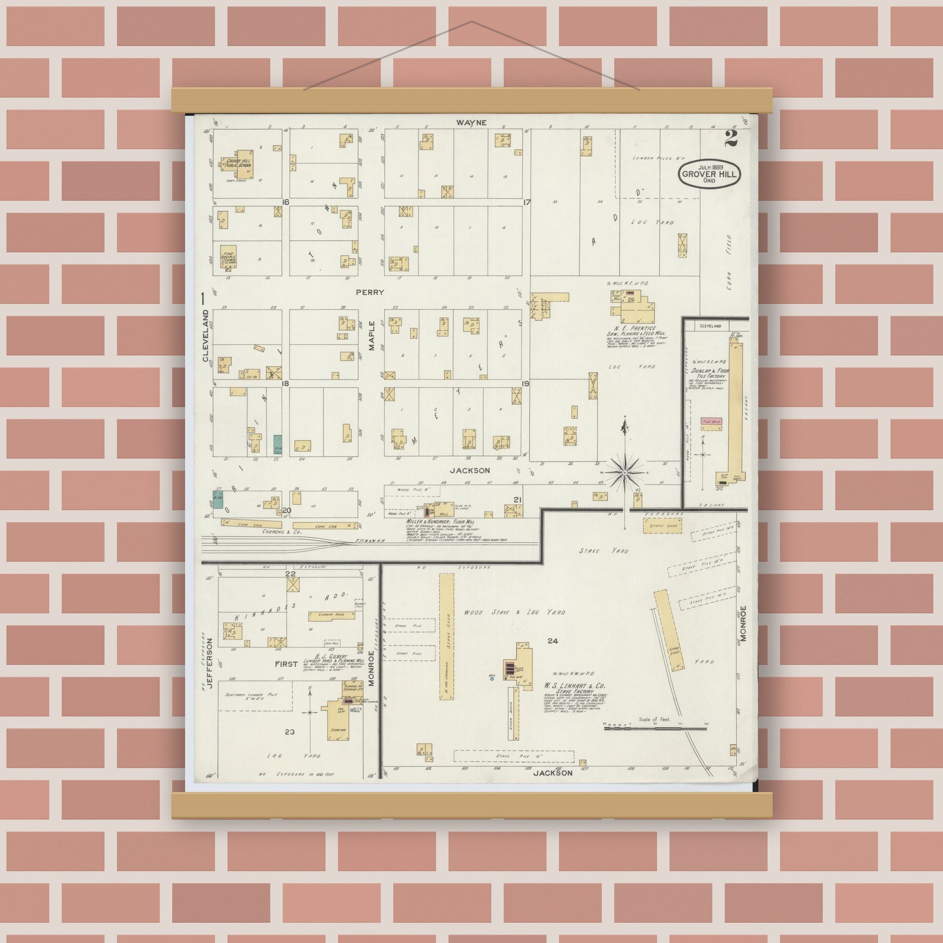 Old map wall art mockup — magnetic wood frame on brick wall — Sanborn Fire Insurance Map from Grover Hill, Paulding County, Ohio (1899), Sheet #0002