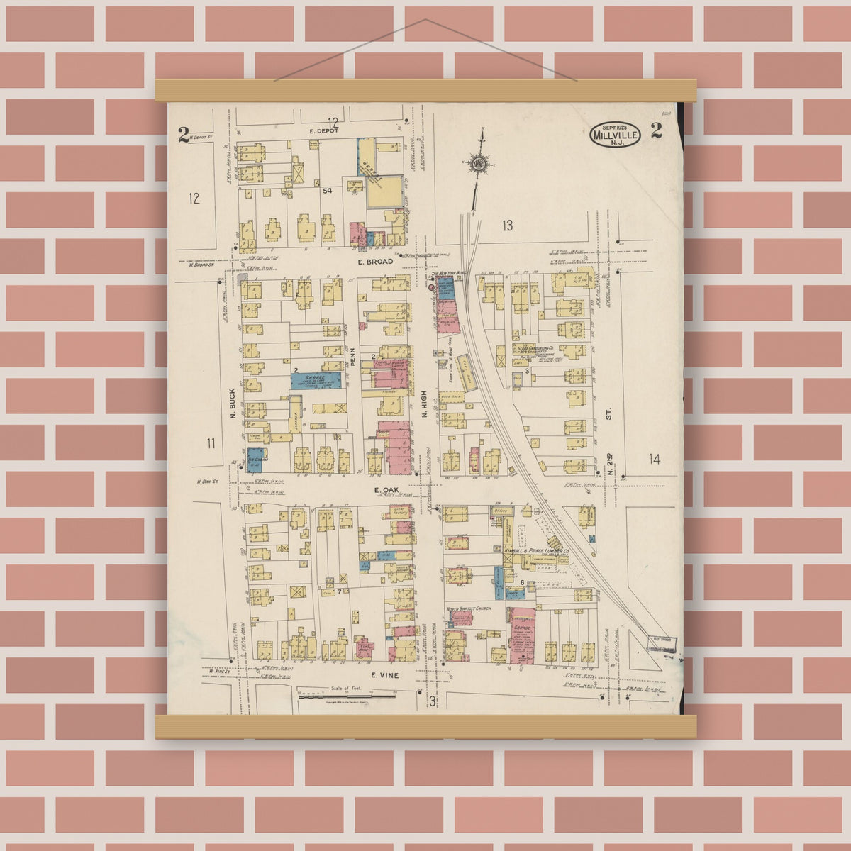 Old map wall art mockup — magnetic wood frame on brick wall — Sanborn Fire Insurance Map from Millville, Cumberland County, New Jersey (1923), Sheet #0002