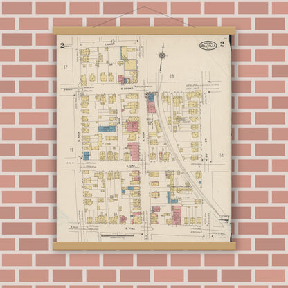 Old map wall art mockup — magnetic wood frame on brick wall — Sanborn Fire Insurance Map from Millville, Cumberland County, New Jersey (1923), Sheet #0002