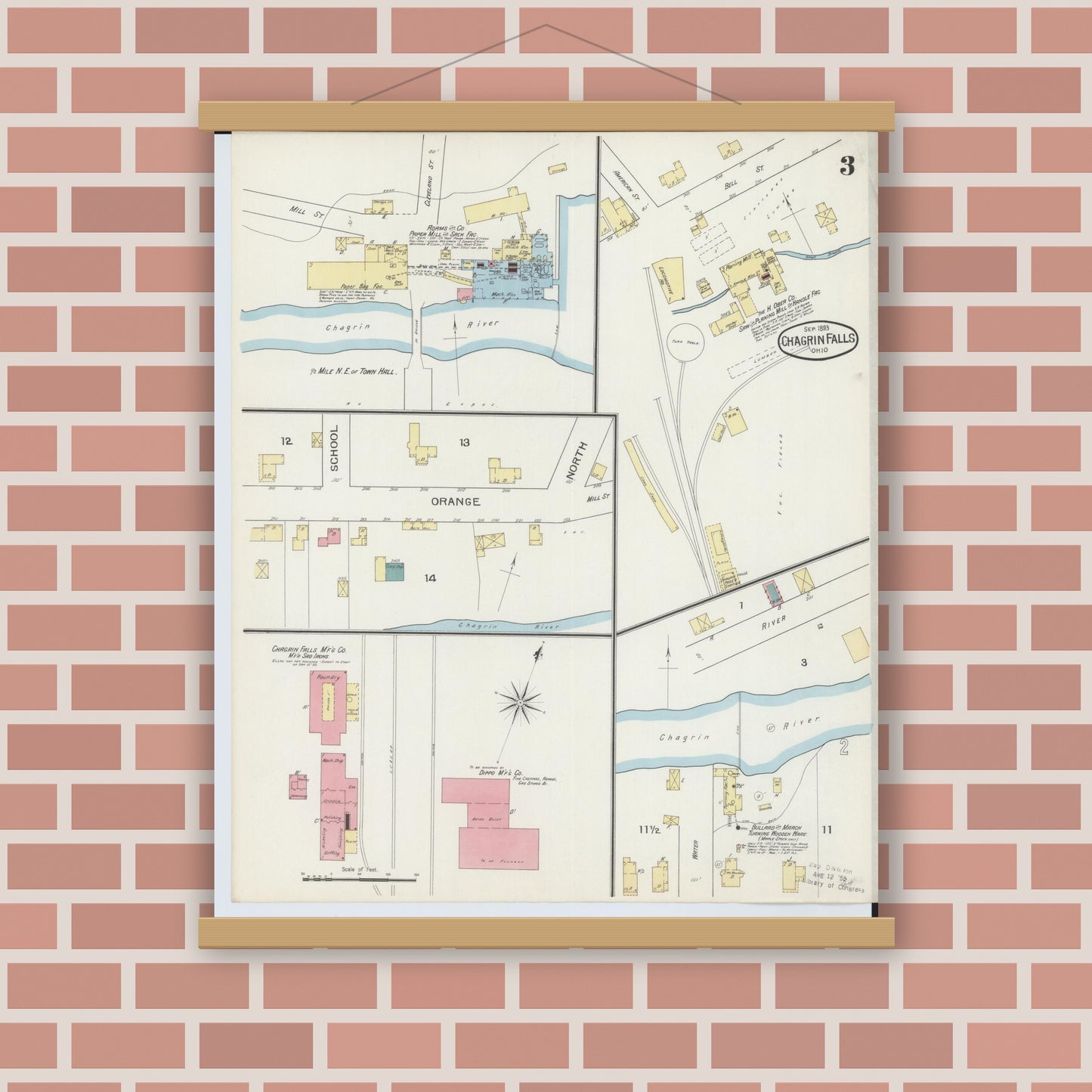 Old map wall art mockup — magnetic wood frame on brick wall — Sanborn Fire Insurance Map from Chagrin Falls, Cuyahoga County, Ohio (1893), Sheet #0003