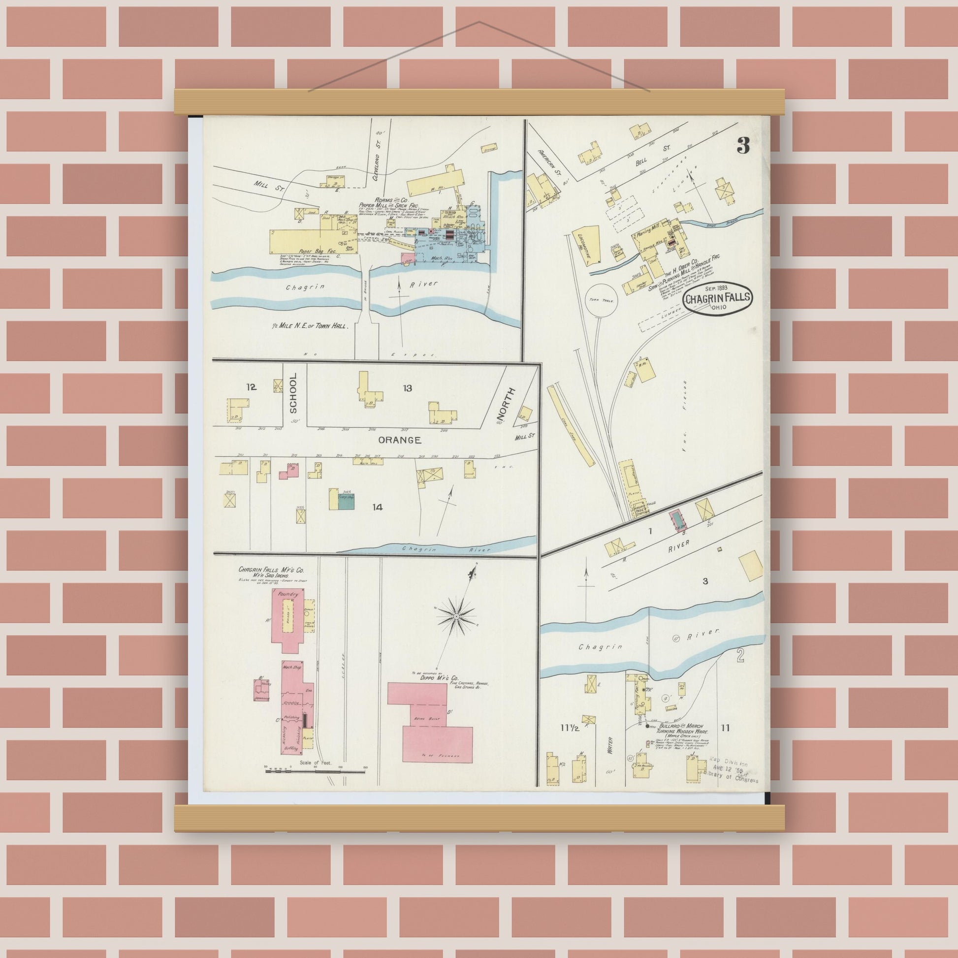 Old map wall art mockup — magnetic wood frame on brick wall — Sanborn Fire Insurance Map from Chagrin Falls, Cuyahoga County, Ohio (1893), Sheet #0003