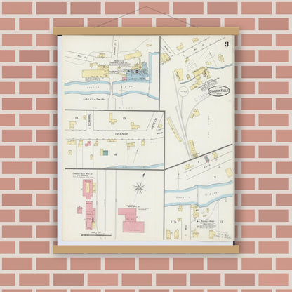 Old map wall art mockup — magnetic wood frame on brick wall — Sanborn Fire Insurance Map from Chagrin Falls, Cuyahoga County, Ohio (1893), Sheet #0003