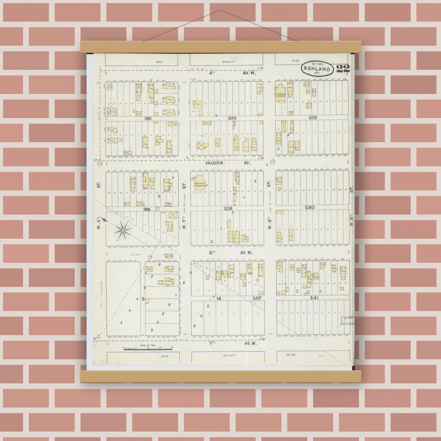 Old map wall art mockup — magnetic wood frame on brick wall — Sanborn Fire Insurance Map from Ashland, Ashland County, Wisconsin (1890), Sheet #0022