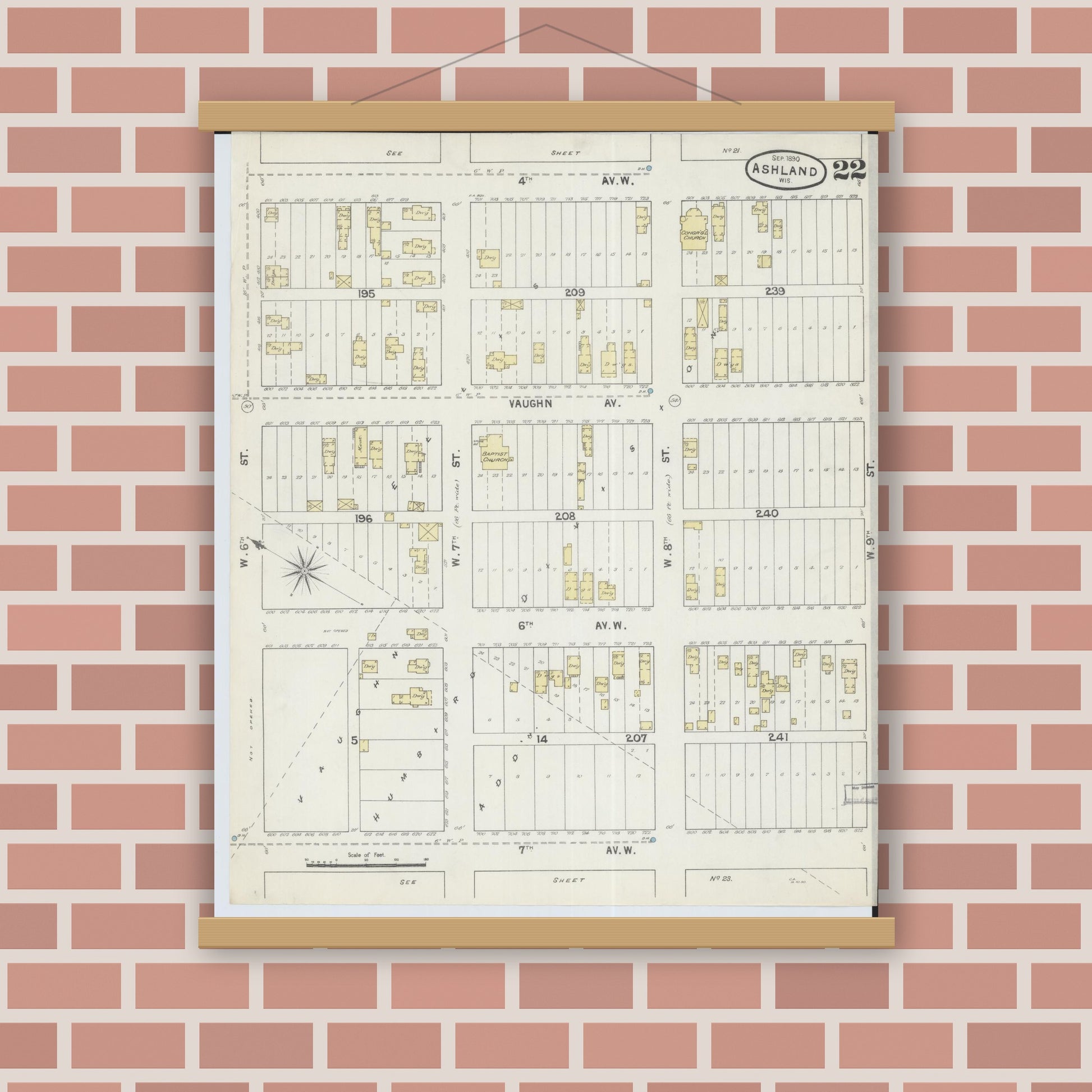 Old map wall art mockup — magnetic wood frame on brick wall — Sanborn Fire Insurance Map from Ashland, Ashland County, Wisconsin (1890), Sheet #0022