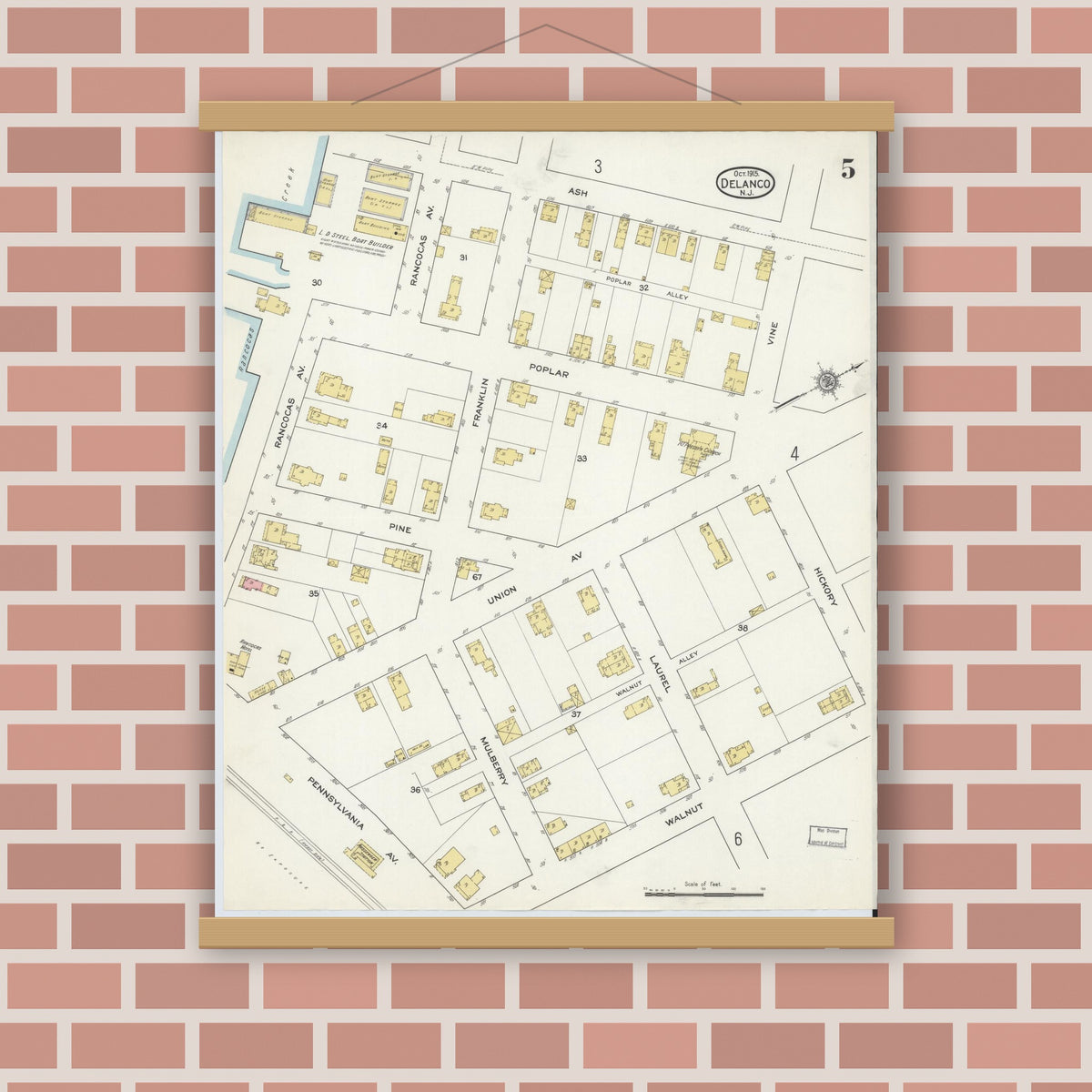 Old map wall art mockup — magnetic wood frame on brick wall — Sanborn Fire Insurance Map from Delanco, Burlington County, New Jersey (1915), Sheet #0005