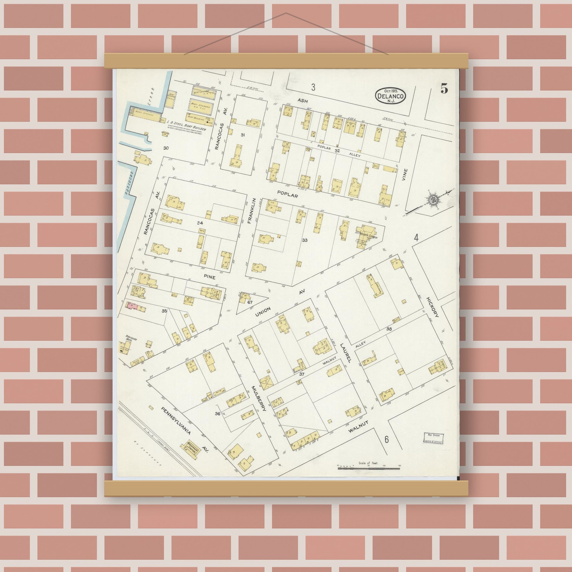 Old map wall art mockup — magnetic wood frame on brick wall — Sanborn Fire Insurance Map from Delanco, Burlington County, New Jersey (1915), Sheet #0005