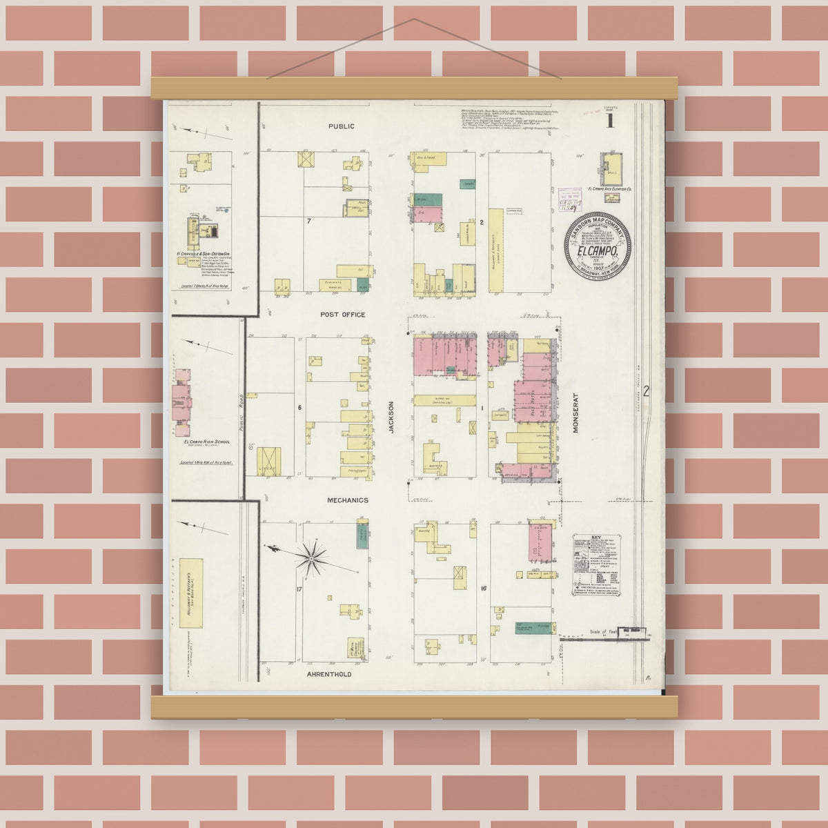 Old map wall art mockup — magnetic wood frame on brick wall — Sanborn Fire Insurance Map from El Campo, Wharton County, Texas (1907) - Complete Map Set