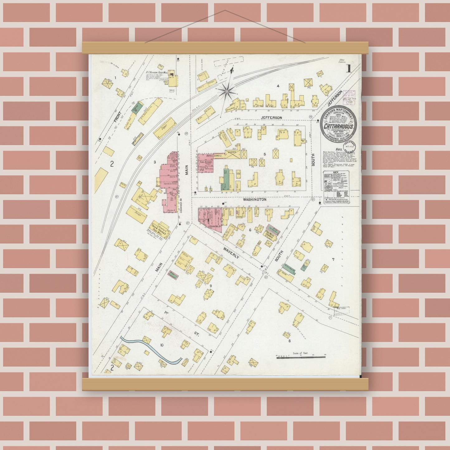 Old map wall art mockup — magnetic wood frame on brick wall — Sanborn Fire Insurance Map from Cattaraugus, Cattaraugus County, New York (1902) - Complete Map Set