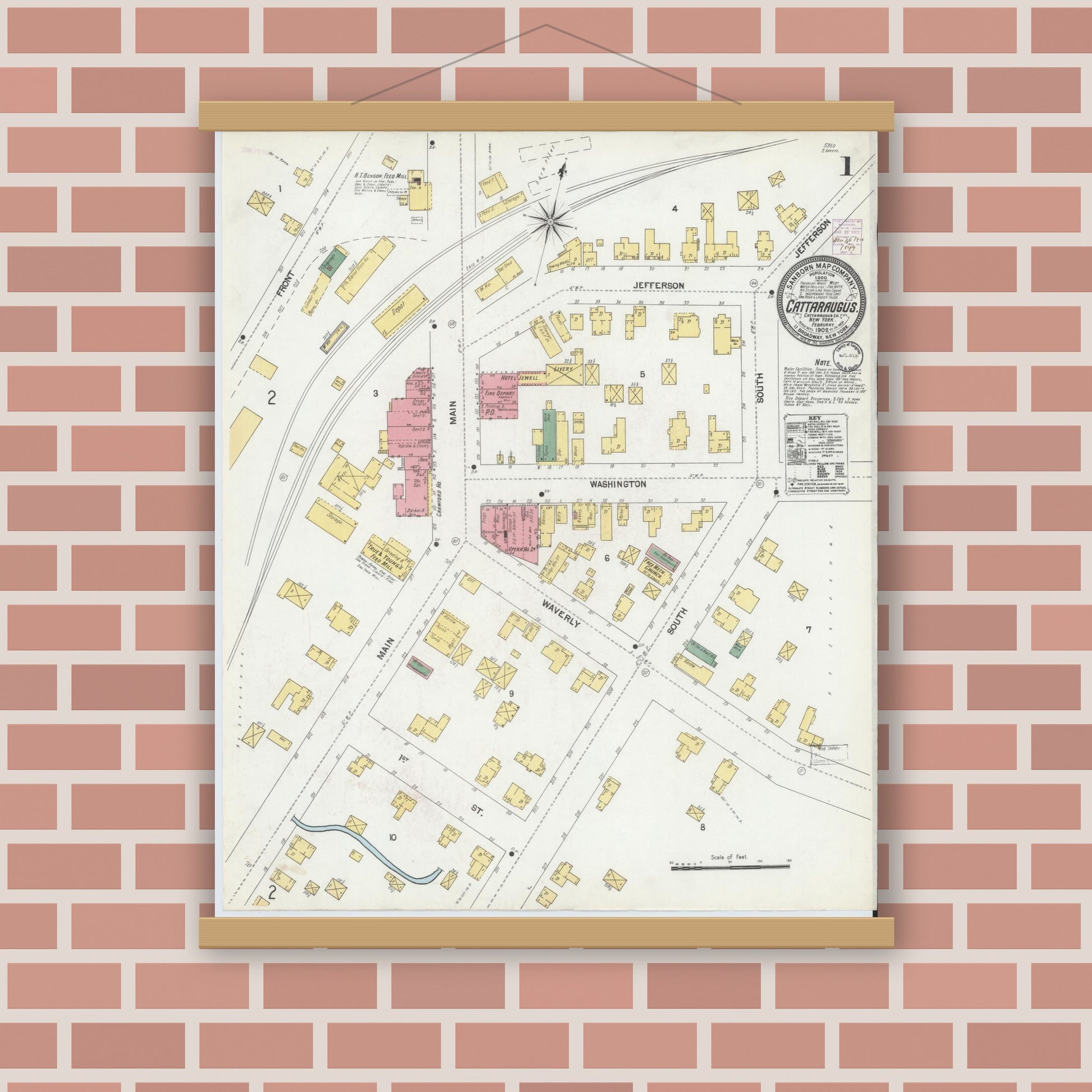 Old map wall art mockup — magnetic wood frame on brick wall — Sanborn Fire Insurance Map from Cattaraugus, Cattaraugus County, New York (1902) - Complete Map Set