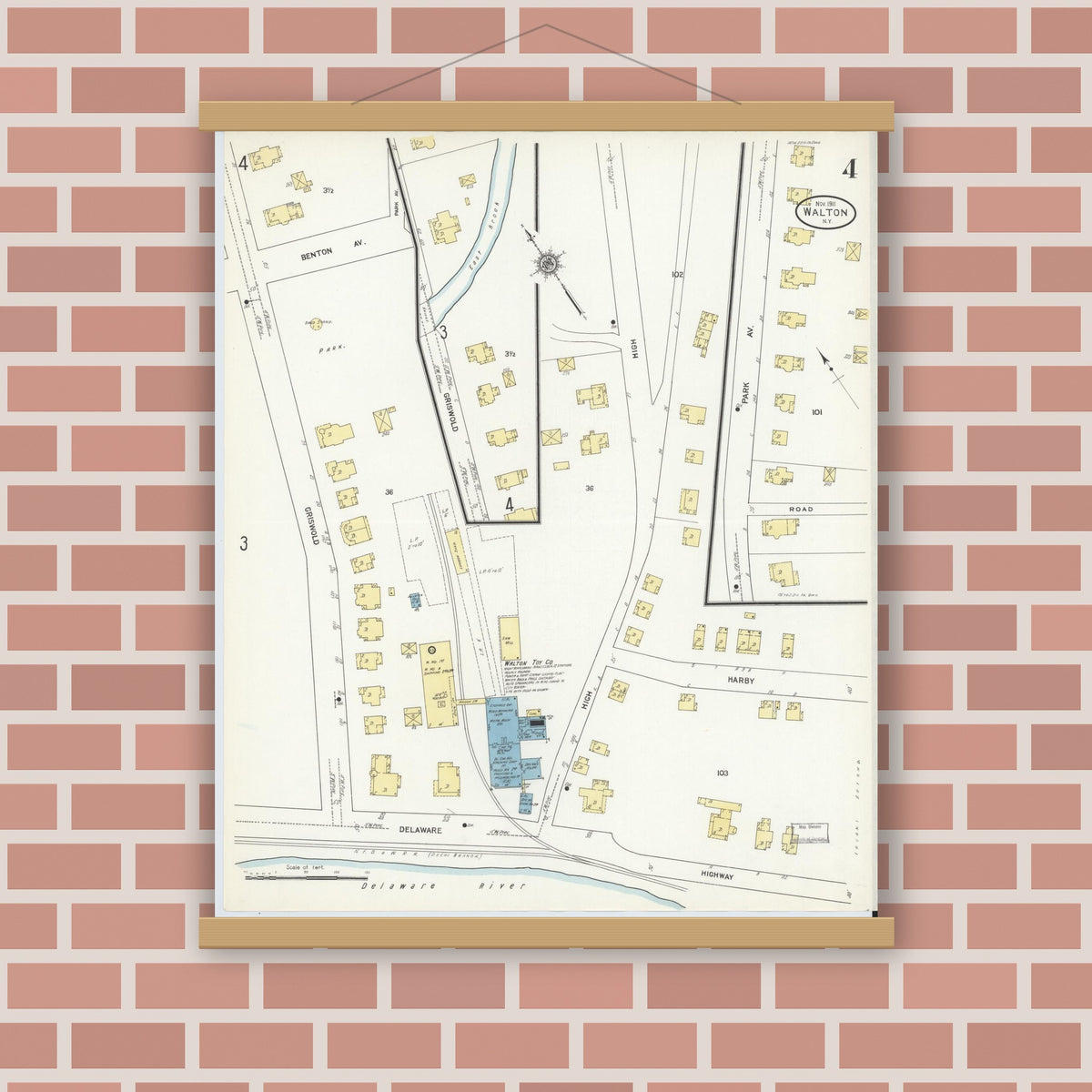 Old map wall art mockup — magnetic wood frame on brick wall — Sanborn Fire Insurance Map from Walton, Delaware County, New York (1911), Sheet #0004