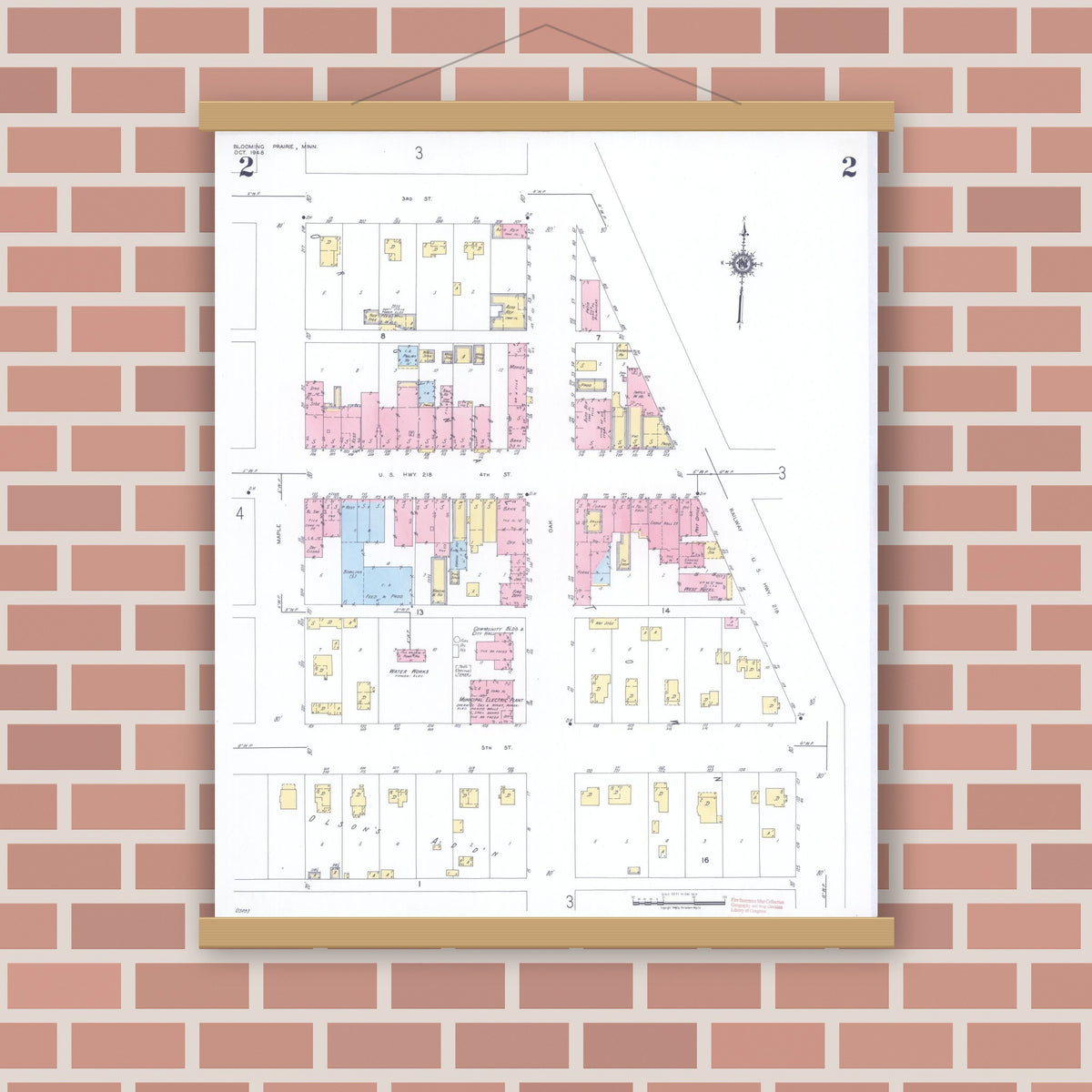 Old map wall art mockup — magnetic wood frame on brick wall — Sanborn Fire Insurance Map from Blooming Prairie, Steele County, Minnesota (1948), Sheet #0002