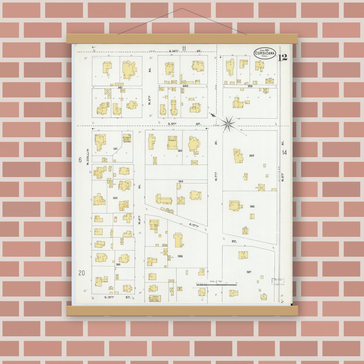 Old map wall art mockup — magnetic wood frame on brick wall — Sanborn Fire Insurance Map from Corsicana, Navarro County, Texas (1905), Sheet #0012