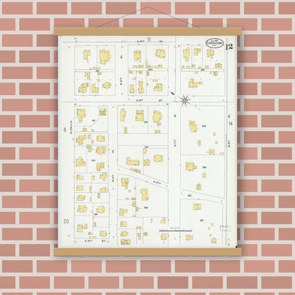 Old map wall art mockup — magnetic wood frame on brick wall — Sanborn Fire Insurance Map from Corsicana, Navarro County, Texas (1905), Sheet #0012
