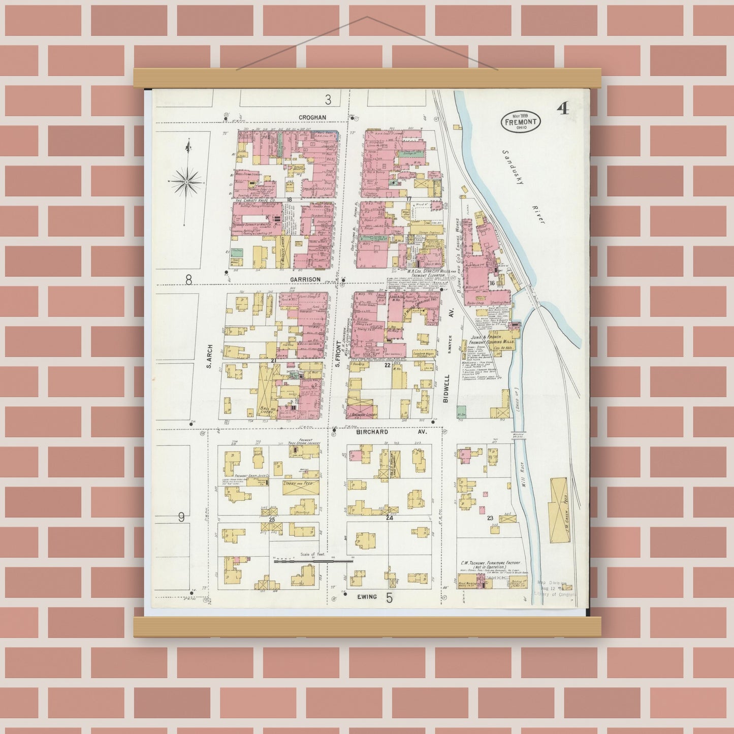 Old map wall art mockup — magnetic wood frame on brick wall — Sanborn Fire Insurance Map from Fremont, Sandusky County, Ohio (1899), Sheet #0004