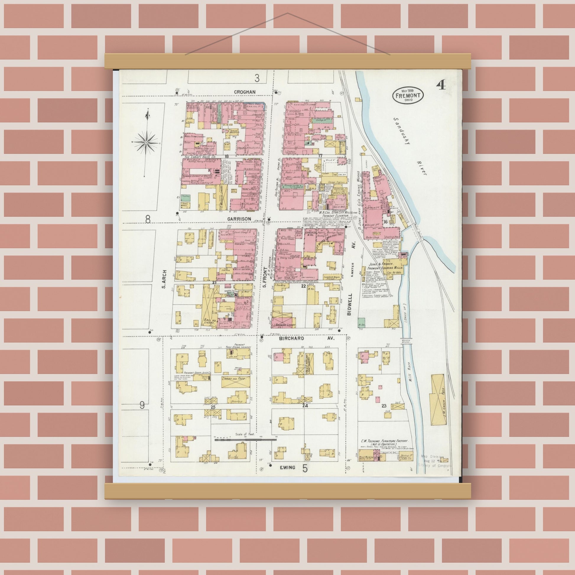 Old map wall art mockup — magnetic wood frame on brick wall — Sanborn Fire Insurance Map from Fremont, Sandusky County, Ohio (1899), Sheet #0004