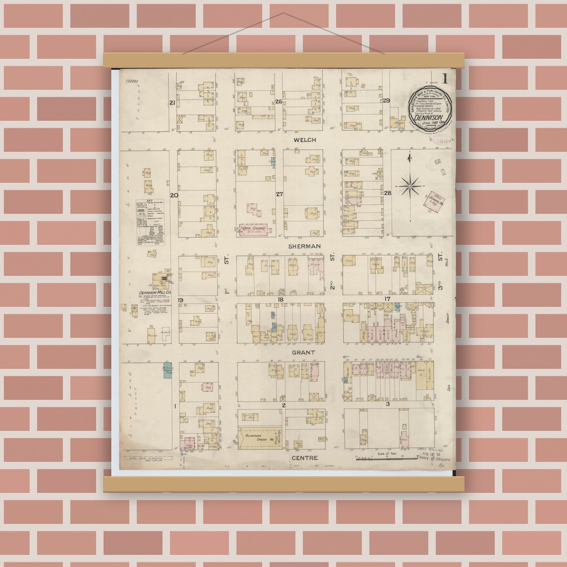Old map wall art mockup — magnetic wood frame on brick wall — Sanborn Fire Insurance Map from Dennison, Tuscarawas County, Ohio (1887), Sheet #0001