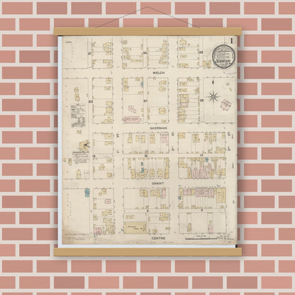 Old map wall art mockup — magnetic wood frame on brick wall — Sanborn Fire Insurance Map from Dennison, Tuscarawas County, Ohio (1887), Sheet #0001