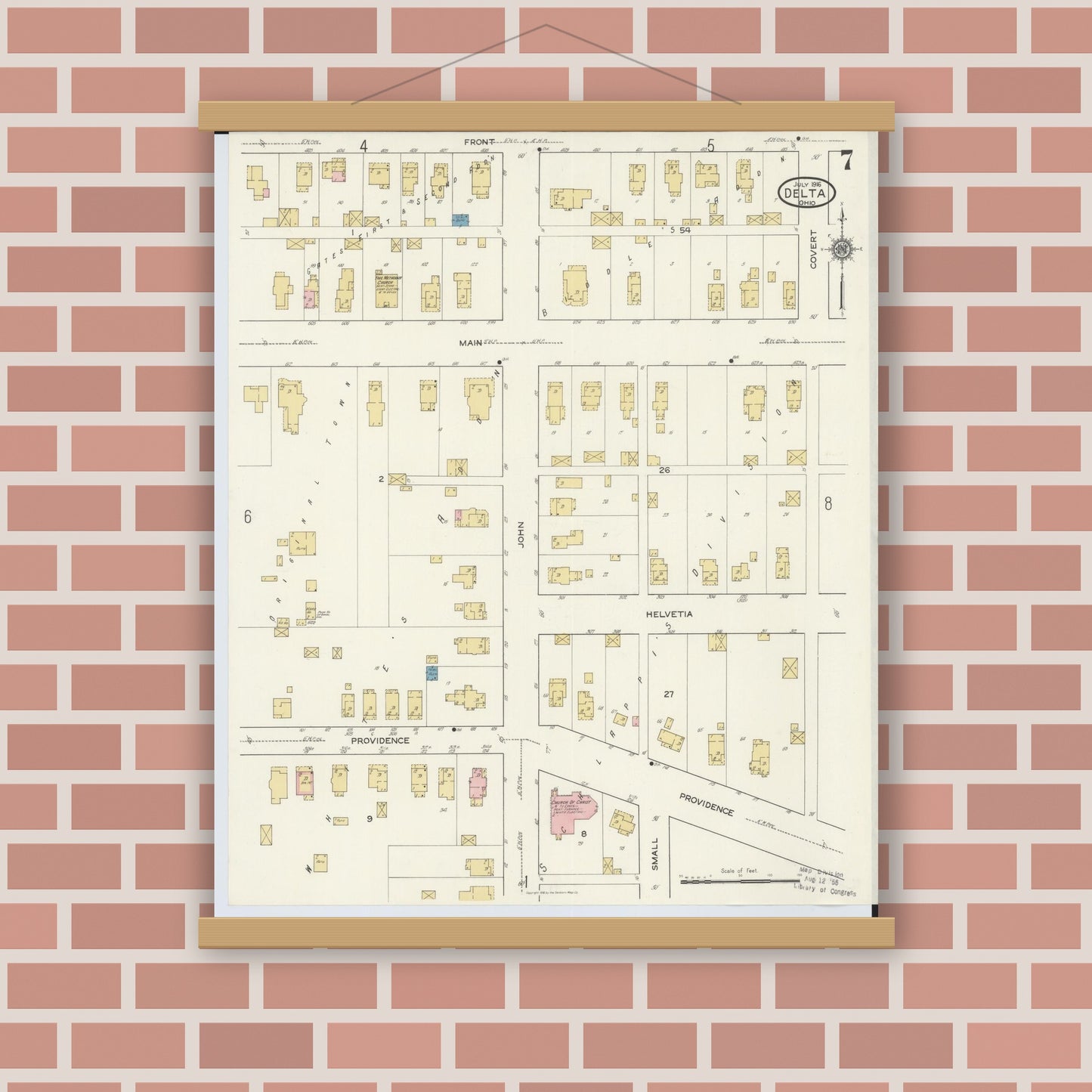 Old map wall art mockup — magnetic wood frame on brick wall — Sanborn Fire Insurance Map from Delta, Fulton County, Ohio (1916), Sheet #0007