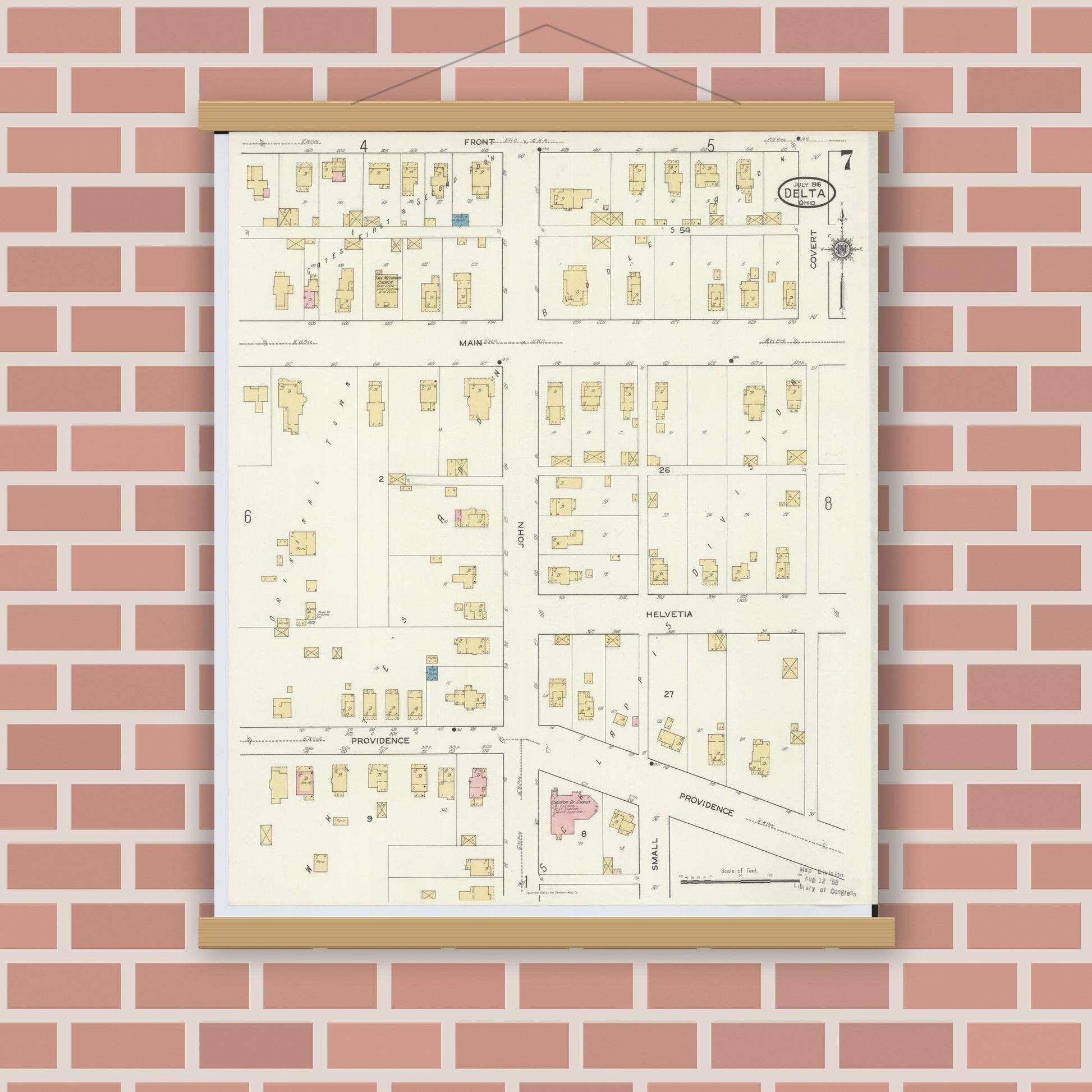 Old map wall art mockup — magnetic wood frame on brick wall — Sanborn Fire Insurance Map from Delta, Fulton County, Ohio (1916), Sheet #0007