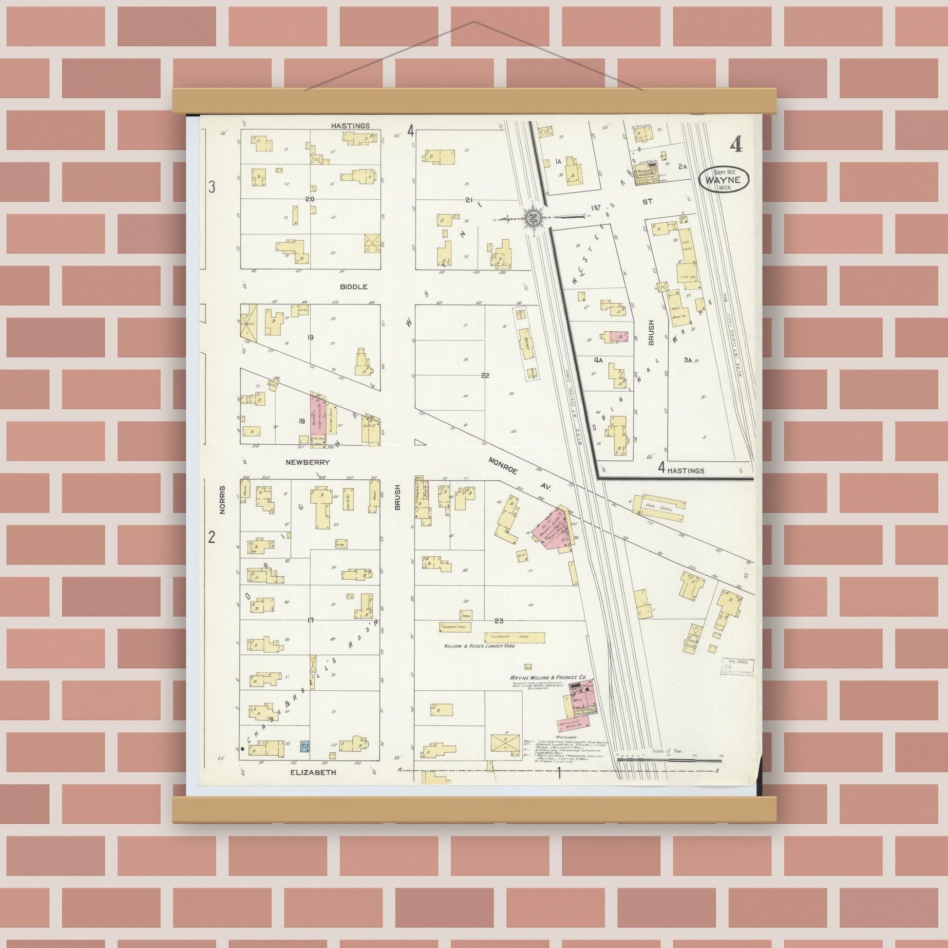 Old map wall art mockup — magnetic wood frame on brick wall — Sanborn Fire Insurance Map from Wayne, Wayne County, Michigan (1912), Sheet #0004