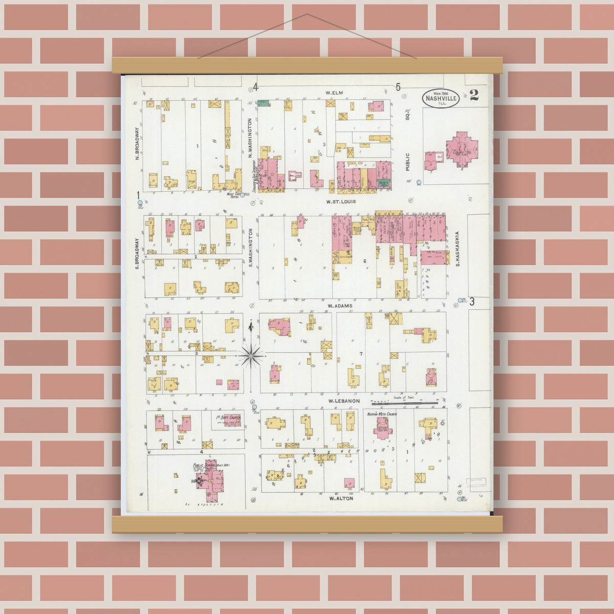 Old map wall art mockup — magnetic wood frame on brick wall — Sanborn Fire Insurance Map from Nashville, Washington County, Illinois (1906), Sheet #0002