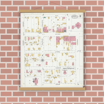 Old map wall art mockup — magnetic wood frame on brick wall — Sanborn Fire Insurance Map from Nashville, Washington County, Illinois (1906), Sheet #0002