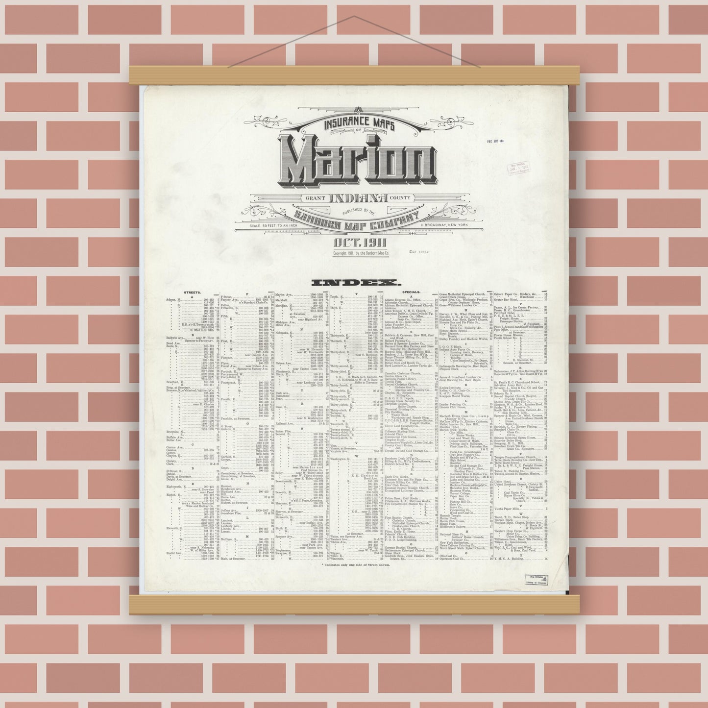 Old map wall art mockup — magnetic wood frame on brick wall — Sanborn Fire Insurance Map from Marion, Grant County, Indiana (1911), Sheet #0001
