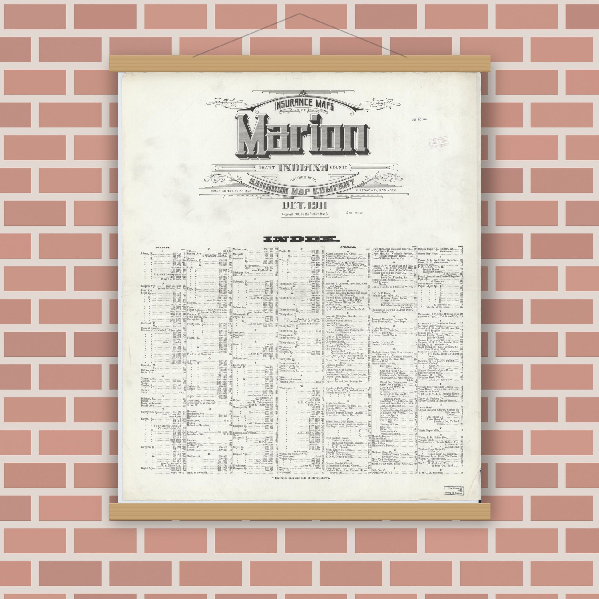 Old map wall art mockup — magnetic wood frame on brick wall — Sanborn Fire Insurance Map from Marion, Grant County, Indiana (1911), Sheet #0001