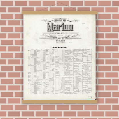 Old map wall art mockup — magnetic wood frame on brick wall — Sanborn Fire Insurance Map from Marion, Grant County, Indiana (1911), Sheet #0001
