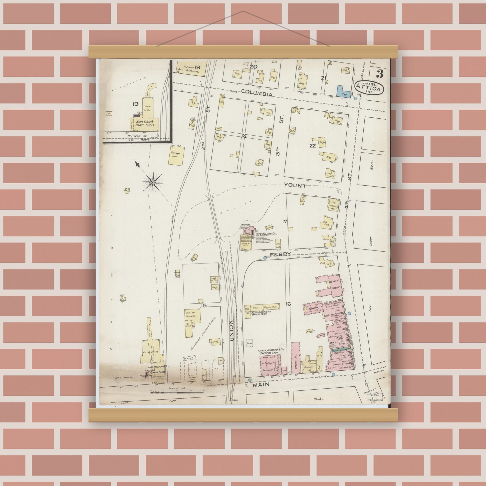 Old map wall art mockup — magnetic wood frame on brick wall — Sanborn Fire Insurance Map from Attica, Fountain County, Indiana (1886), Sheet #0003