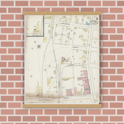 Old map wall art mockup — magnetic wood frame on brick wall — Sanborn Fire Insurance Map from Attica, Fountain County, Indiana (1886), Sheet #0003