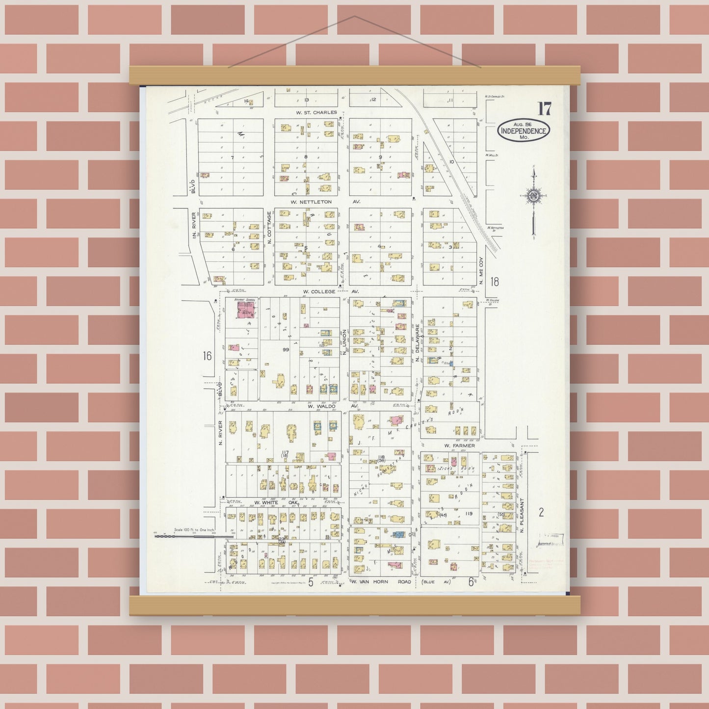 Old map wall art mockup — magnetic wood frame on brick wall — Sanborn Fire Insurance Map from Independence, Jackson County, Missouri (1916), Sheet #0017