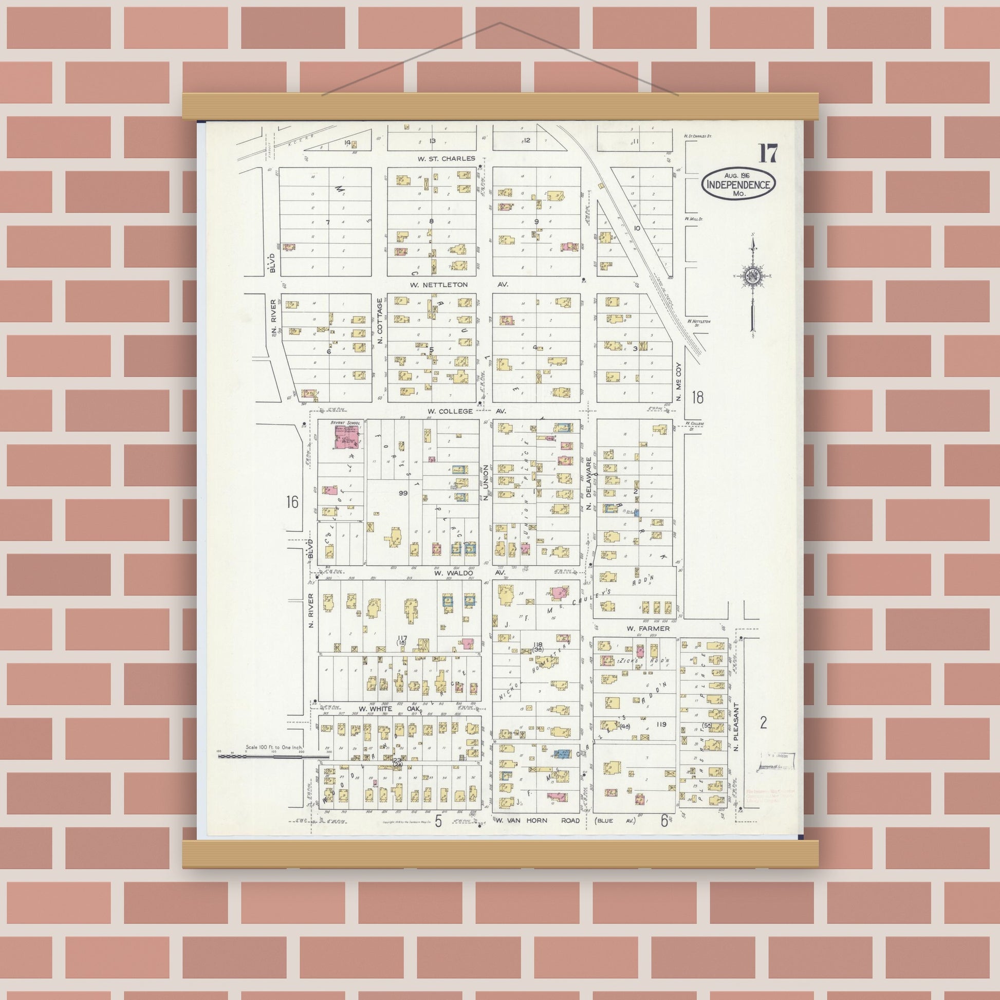Old map wall art mockup — magnetic wood frame on brick wall — Sanborn Fire Insurance Map from Independence, Jackson County, Missouri (1916), Sheet #0017