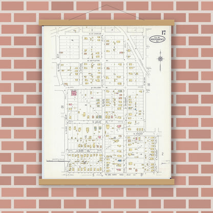 Old map wall art mockup — magnetic wood frame on brick wall — Sanborn Fire Insurance Map from Independence, Jackson County, Missouri (1916), Sheet #0017