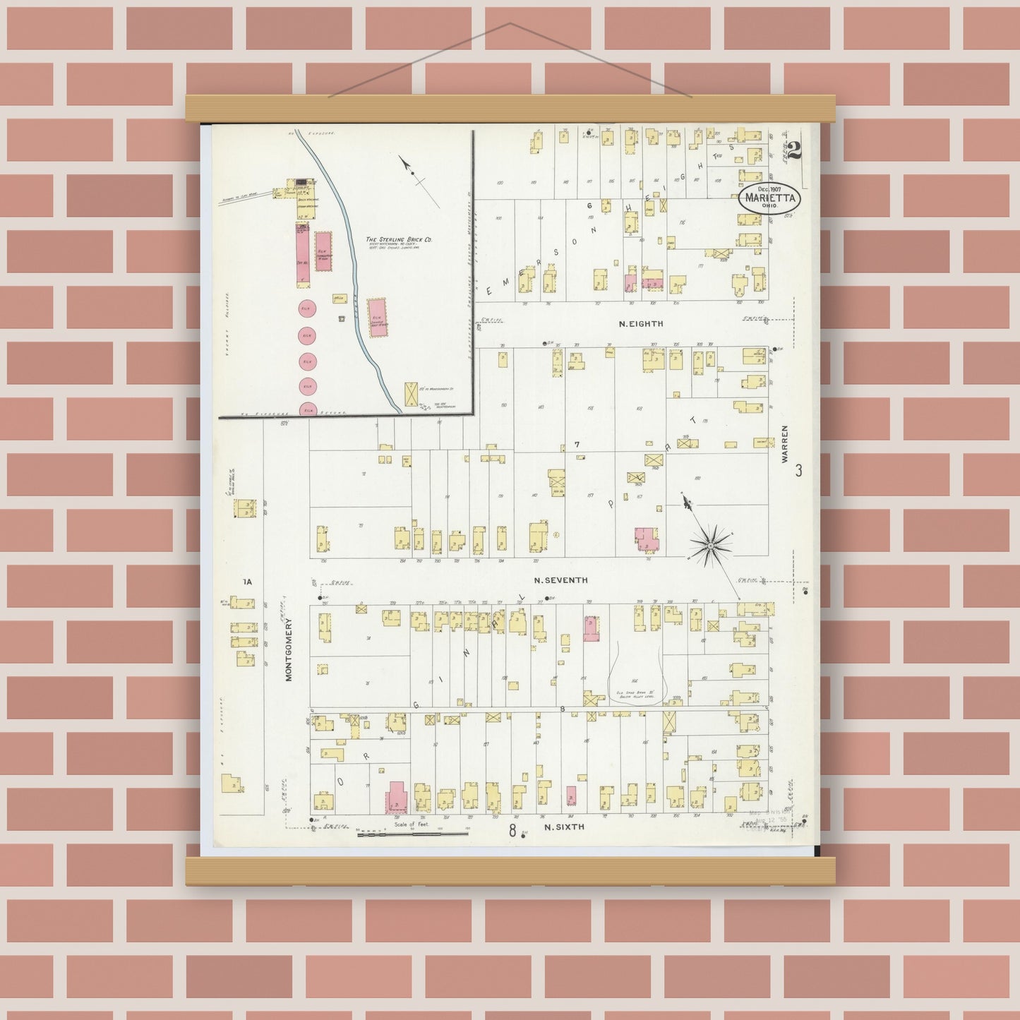 Old map wall art mockup — magnetic wood frame on brick wall — Sanborn Fire Insurance Map from Marietta, Washington County, Ohio (1907), Sheet #0002