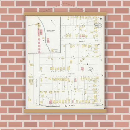 Old map wall art mockup — magnetic wood frame on brick wall — Sanborn Fire Insurance Map from Marietta, Washington County, Ohio (1907), Sheet #0002