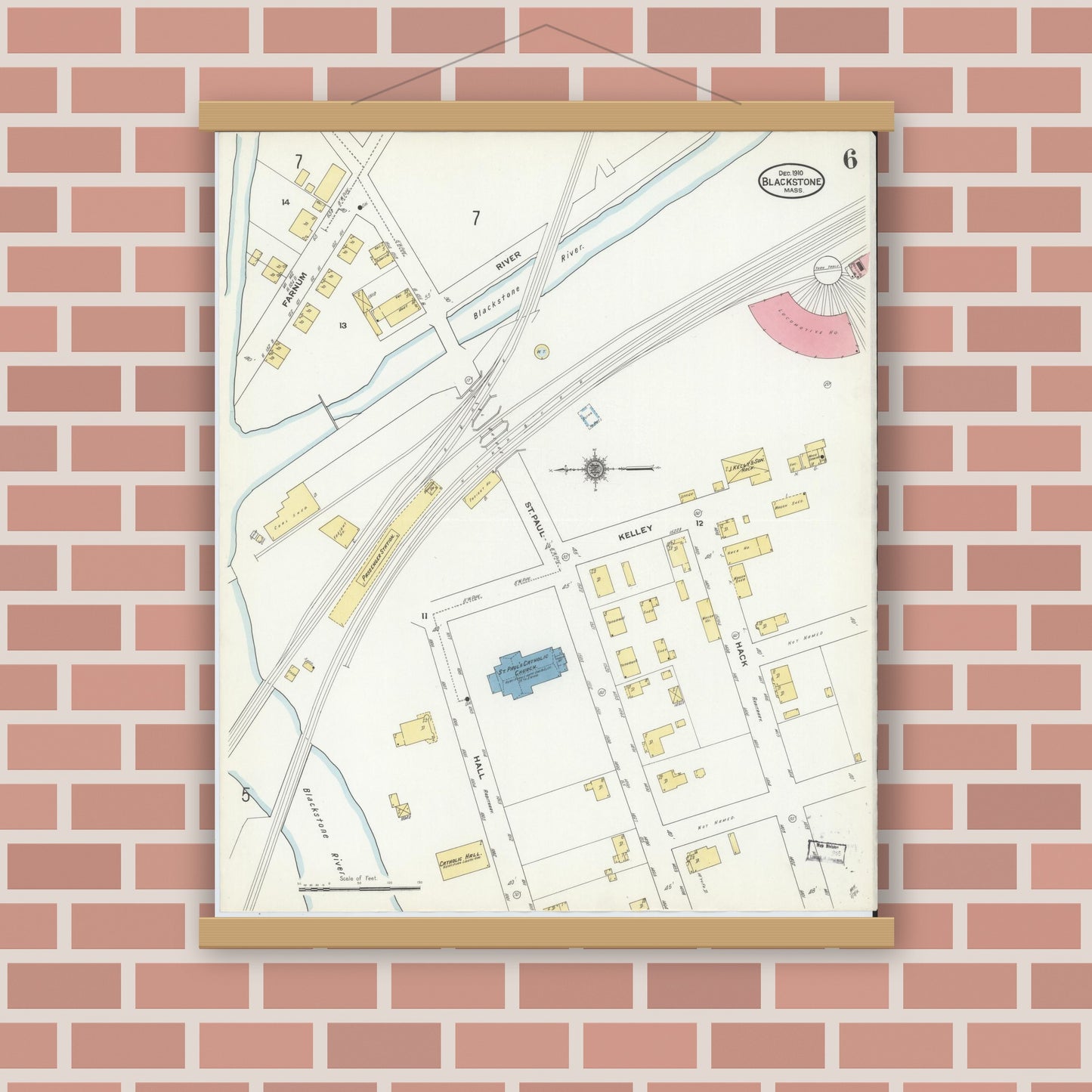 Old map wall art mockup — magnetic wood frame on brick wall — Sanborn Fire Insurance Map from Blackstone, Worcester County, Massachusetts (1910), Sheet #0006