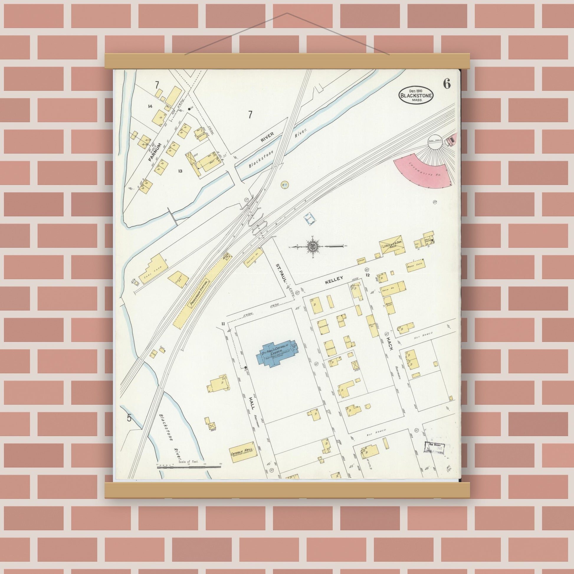 Old map wall art mockup — magnetic wood frame on brick wall — Sanborn Fire Insurance Map from Blackstone, Worcester County, Massachusetts (1910), Sheet #0006