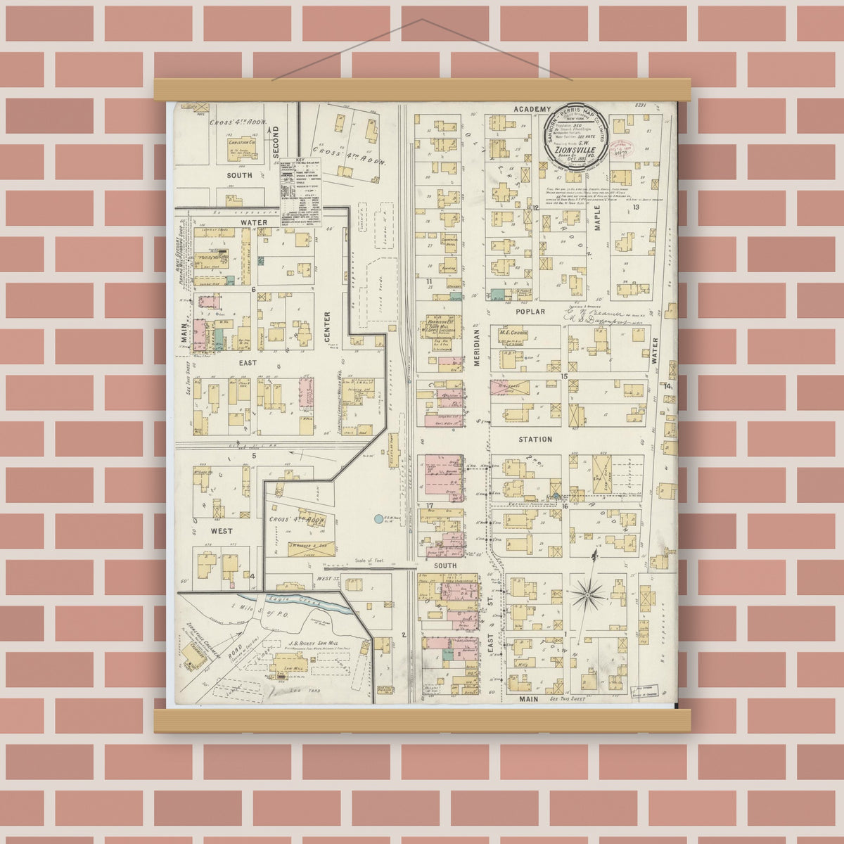 Old map wall art mockup — magnetic wood frame on brick wall — Sanborn Fire Insurance Map from Zionsville, Boone County, Indiana (1895), Sheet #0001