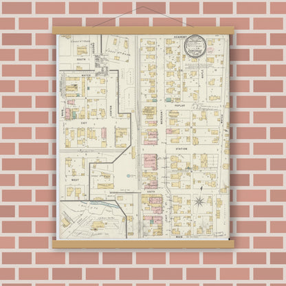 Old map wall art mockup — magnetic wood frame on brick wall — Sanborn Fire Insurance Map from Zionsville, Boone County, Indiana (1895), Sheet #0001