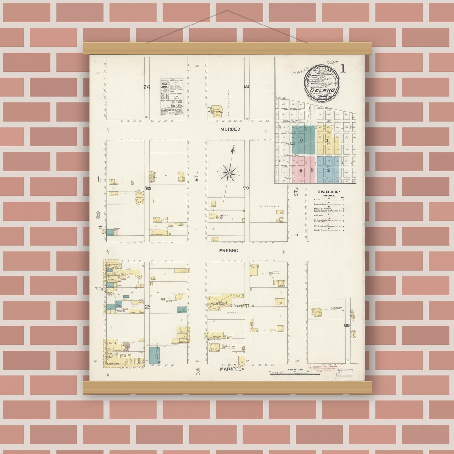 Old map wall art mockup — magnetic wood frame on brick wall — Sanborn Fire Insurance Map from Delano, Kern County, California (1892) - Complete Map Set