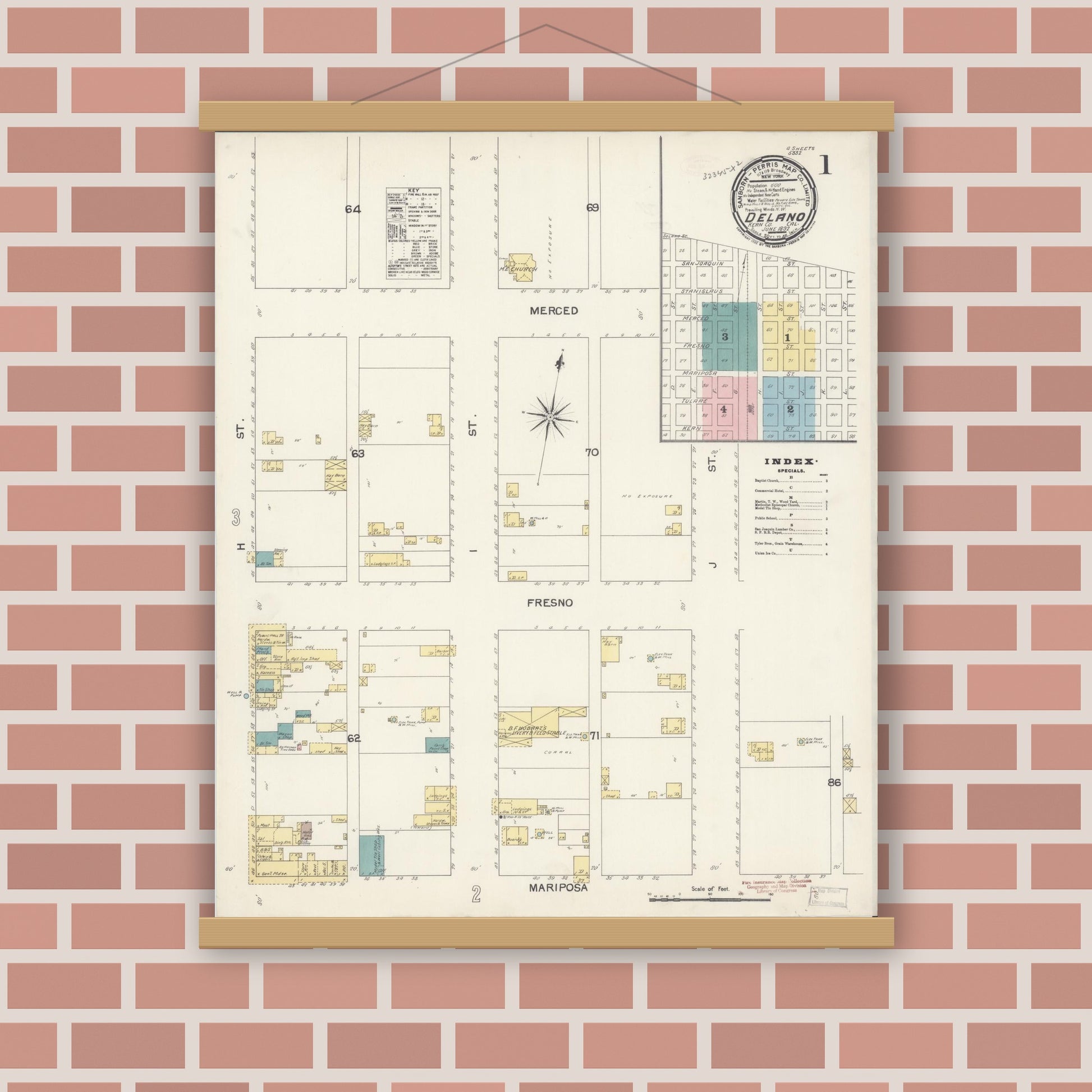 Old map wall art mockup — magnetic wood frame on brick wall — Sanborn Fire Insurance Map from Delano, Kern County, California (1892) - Complete Map Set